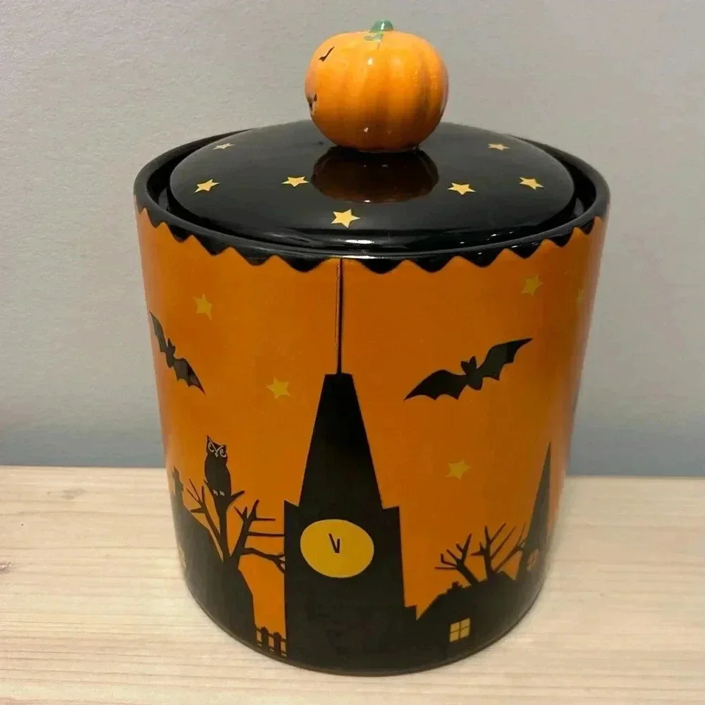 Halloween Canister Spooky Town Witch, Moon, Stars, Bats, Owl, Black Cat, Pumpkin
